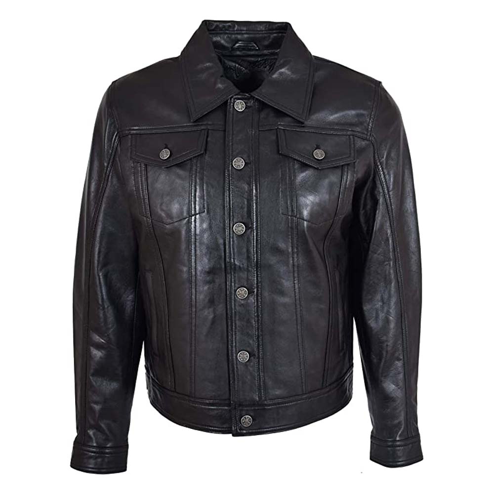 Excellent style Mens Black Leather Trucker Jacket