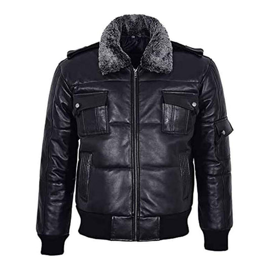 Mens Genuine Black Fur Puffer Bomber  Leather Jacket