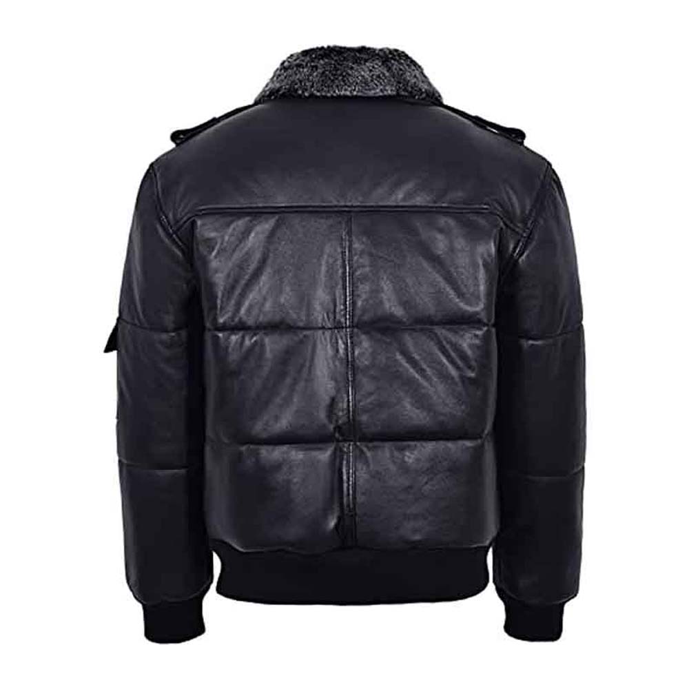 Mens Genuine Black Fur Puffer Bomber  Leather Jacket