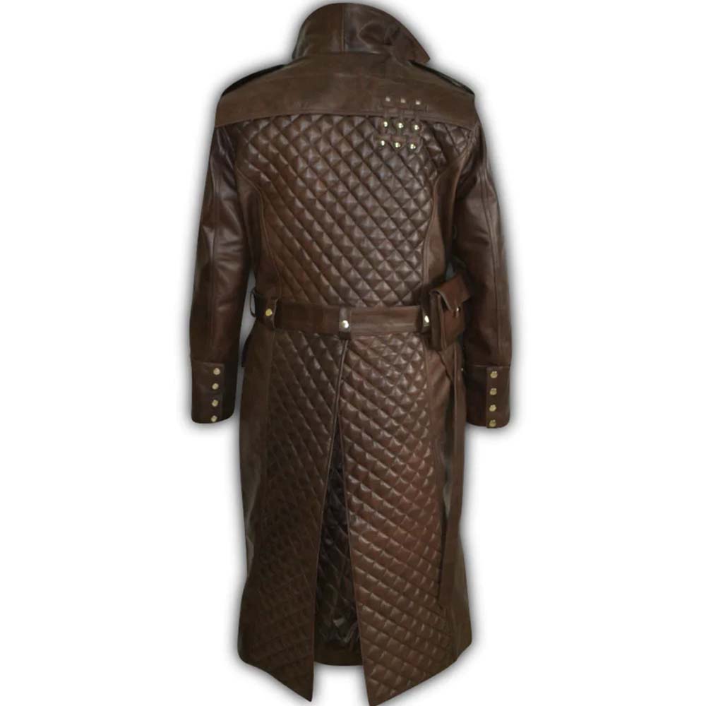Mens Black Quilted Brown Long Hooded Genuine Leather Duster Coat