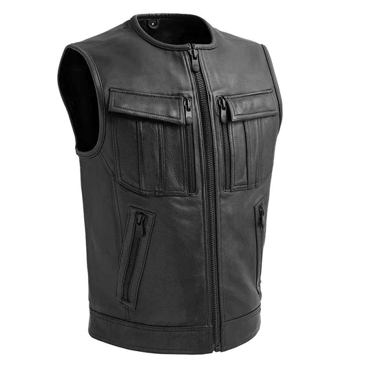 Mens Black Leather Vest With Front Pockets