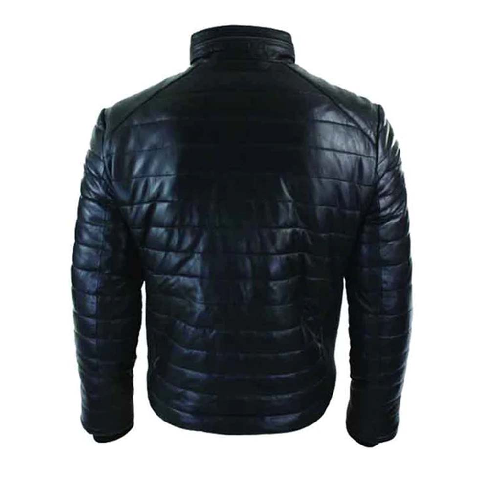 Mens Genuine Quilted Real Leather Puffer Zipped Black Jacket