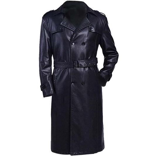Mens Real Leather Double Breasted Long Length Trench Overcoat