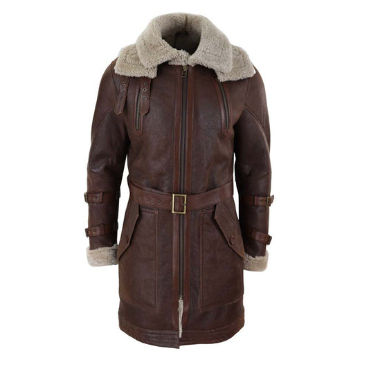 Mens real shearling sheepskin dark brown coat