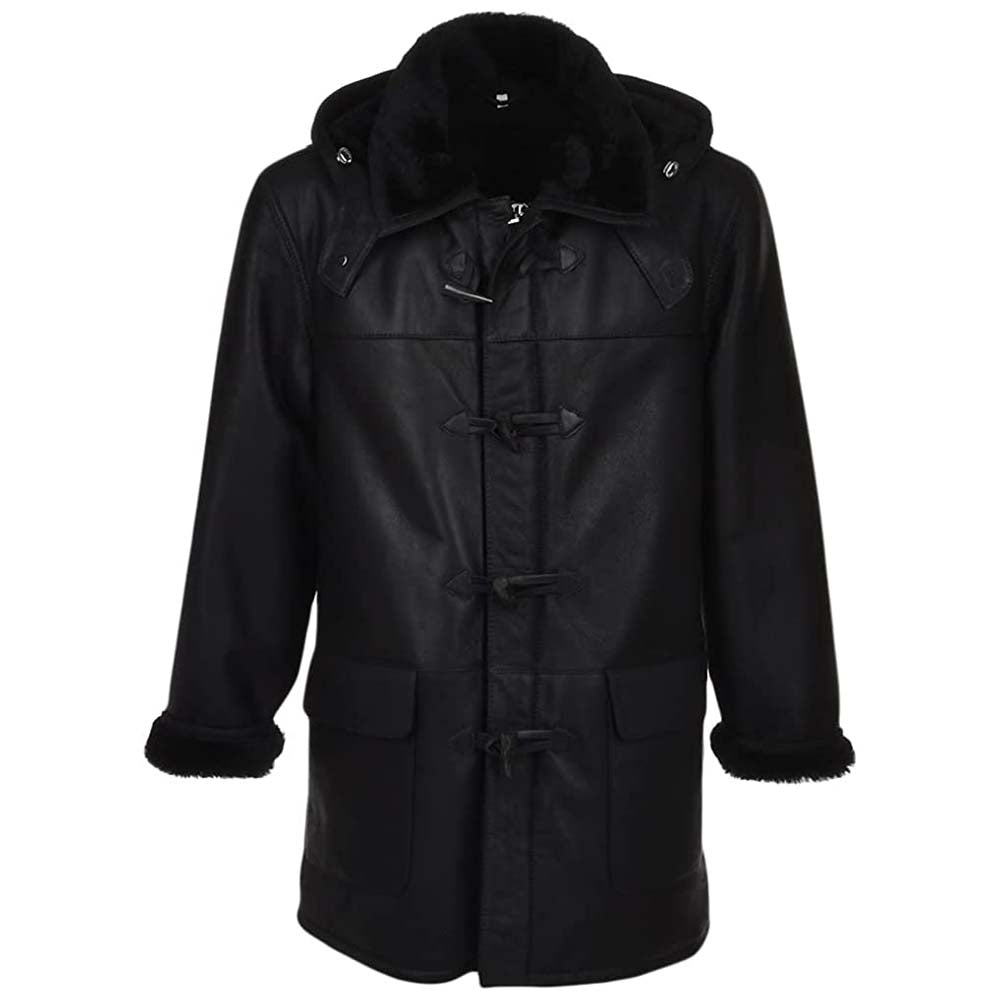 Mens Genuine Sheepskin Leather Detachable Shearling Hood Winter Warm Trench Coat