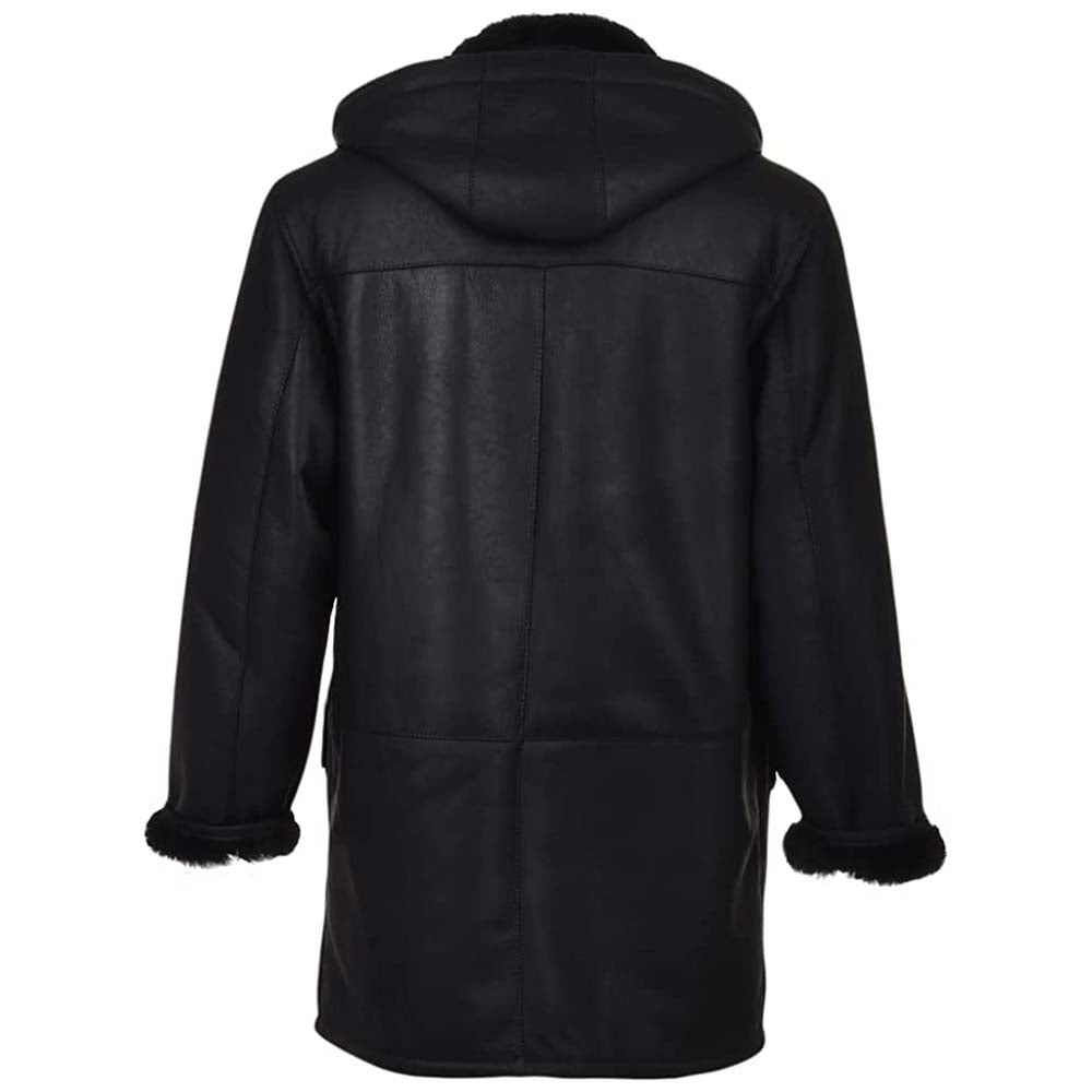 Mens Genuine Sheepskin Leather Detachable Shearling Hood Winter Warm Trench Coat