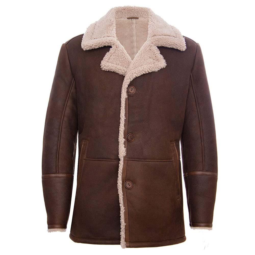 Mens Brown Classic Real Sheepskin Shearling Leather Coat