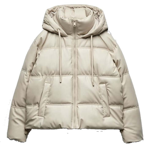 women Cream Colour Leather Puffer Jacket
