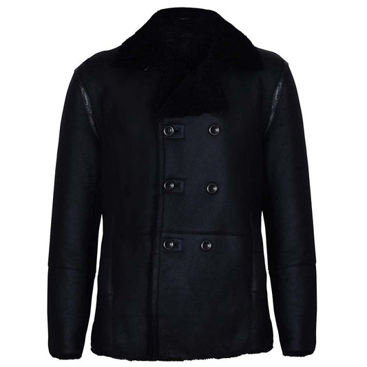 Mens Black Double Breasted Real Sheepskin Shearling Leather Coat