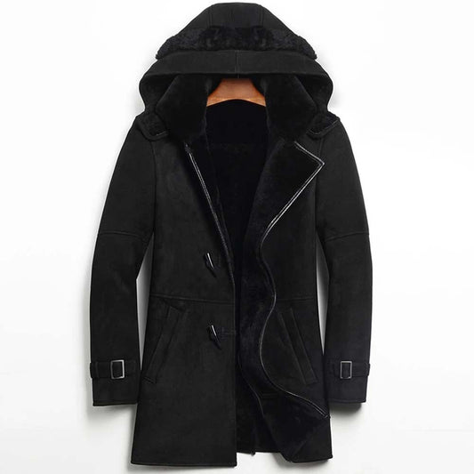 Stylish Mens Black Genuine Shearling Leather Coat