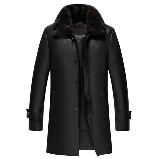 Mens Black Shearling Real Winter Leather Coat