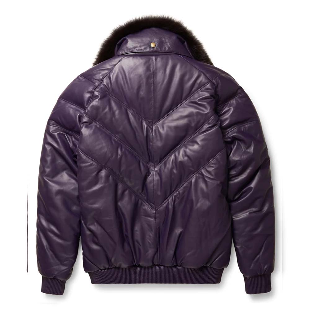 Mens Purple Leather V-Bomber Jacket