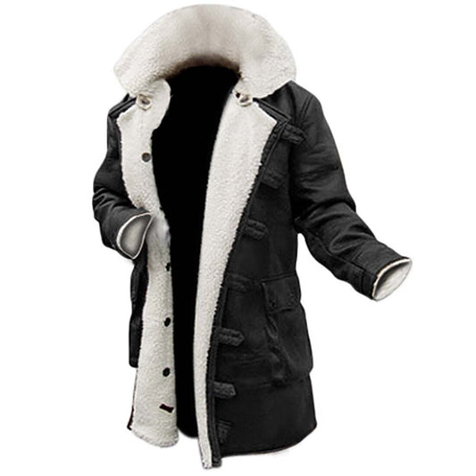Mens Black Shearling Winter Sherpa Leather Long Coat