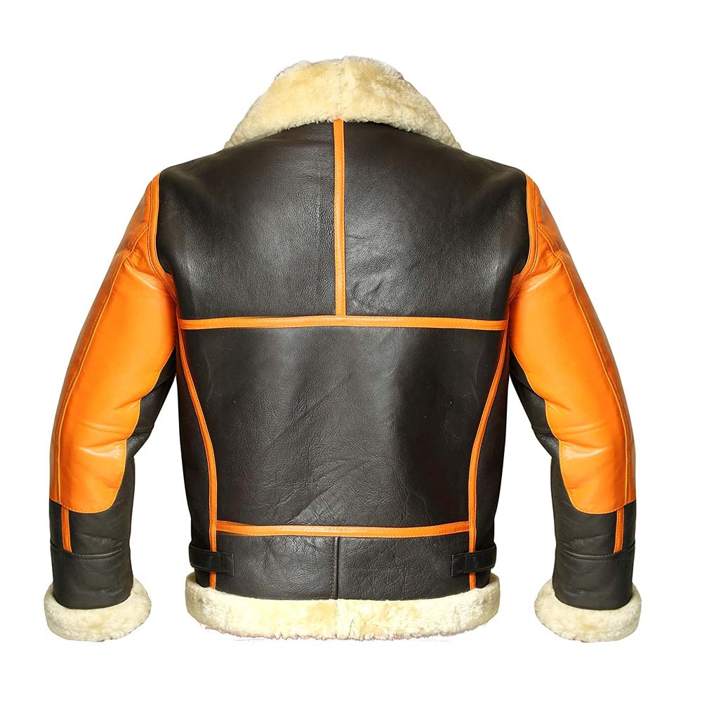 Mens B3 Bomber Orange Brown Real Shearling Sheepskin Leather Flight Jacket
