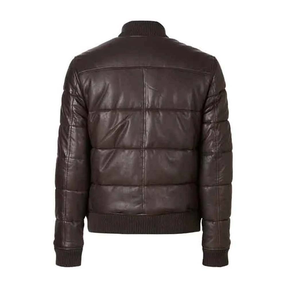 Mens Choco Brown Leather Puffer Jacket