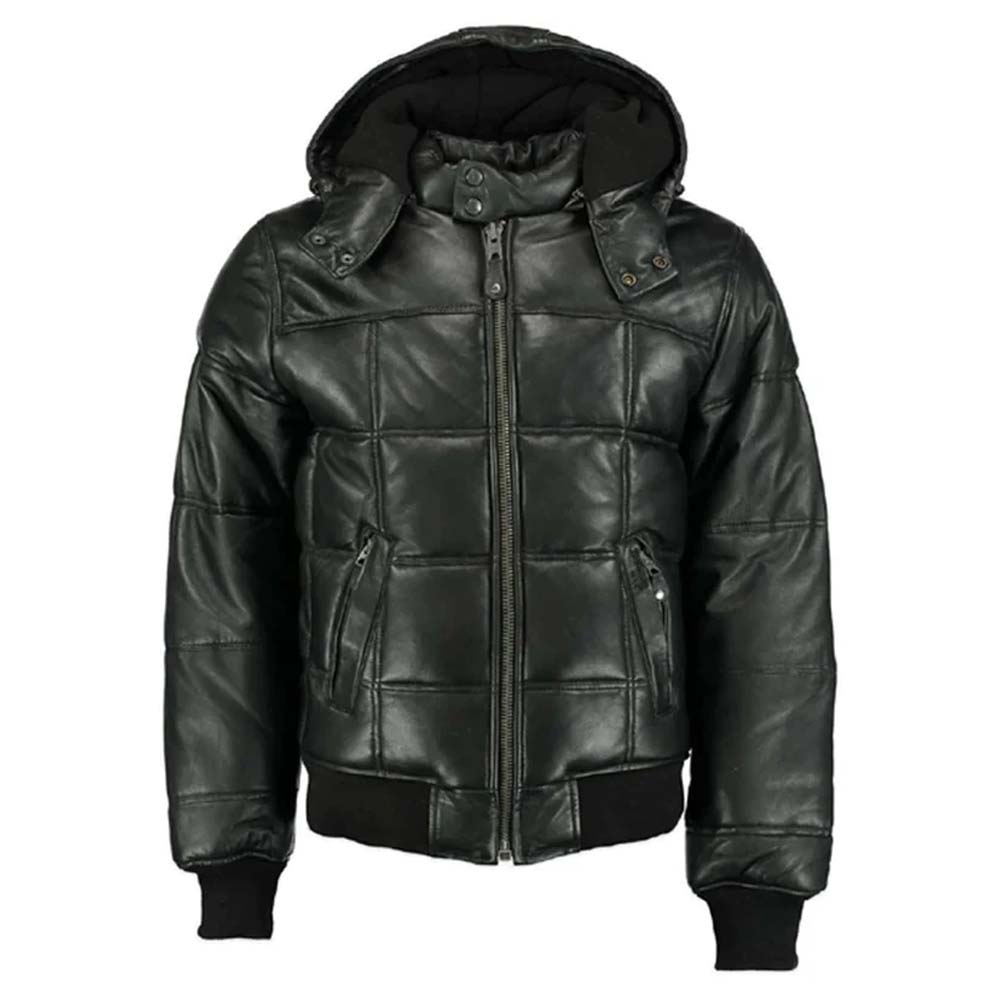 Mens Black Real Quilted Puffer Leather Jacket with Hooded