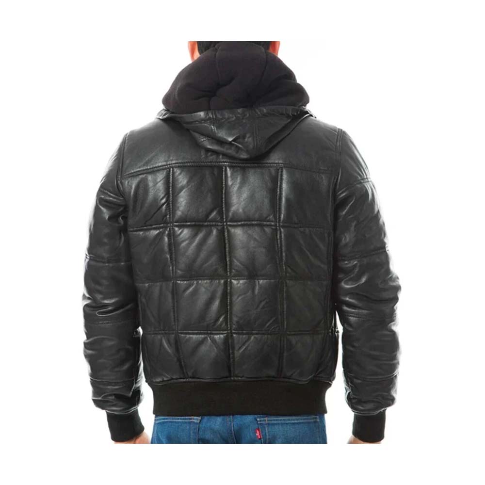 Mens Black Real Quilted Puffer Leather Jacket with Hooded