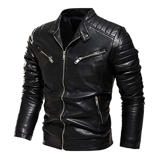 Slim fit Black Motorcycle Leather Jacket For Men