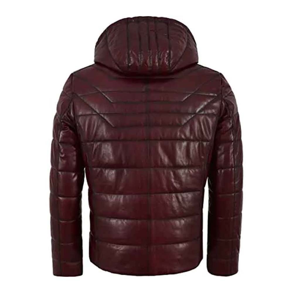 Mens Maroon Colour Puffer Hooded Quilted Leather Jacket